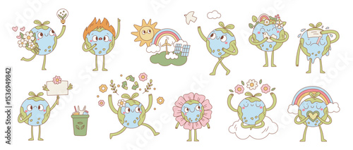 Cute planet earth mascot. Cartoon funny character, environmental issues, happy globe personage, nature and ecology, friendly nature, smile face with flowers and rainbow, garish vector set