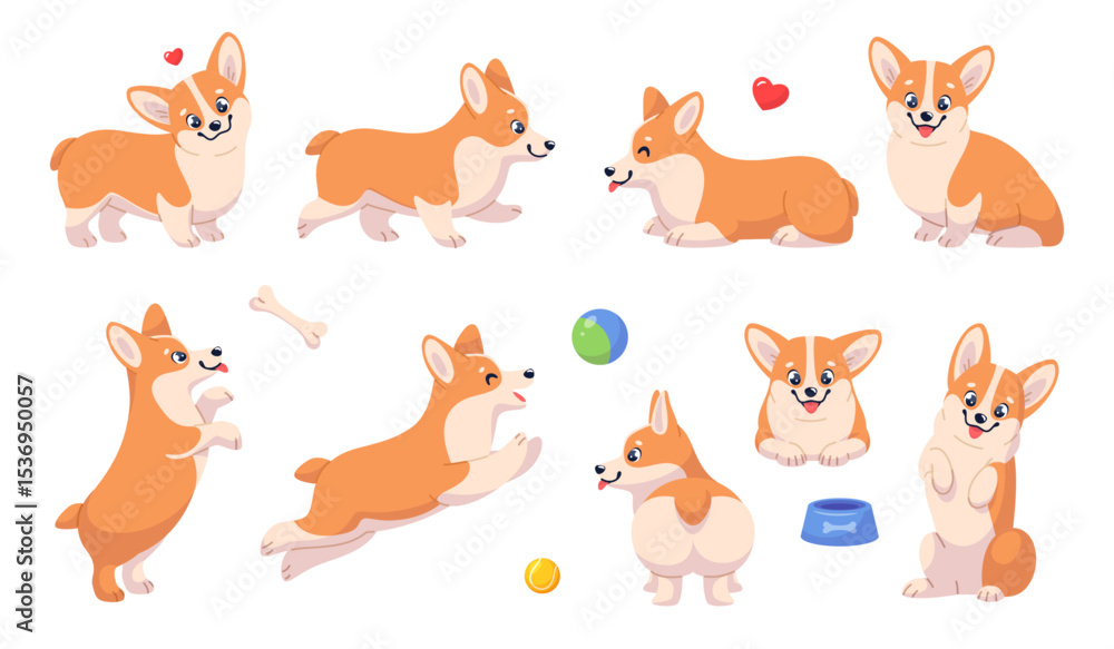 Fototapeta premium Cute corgi dog character. Funny dog with short legs, various puppy activities and poses, domestic animals play with ball toy, happy pet, breed mammal, classy vector cartoon flat set