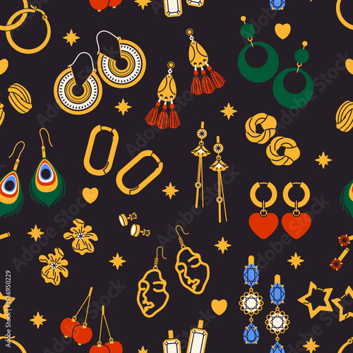 Cartoon jewelry seamless pattern. Repeat golden products with gems, jewellery accessories, stud earrings, pendants. Textile, wrapping paper, wallpaper. Print for fabric, tidy vector background