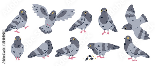 Cartoon comic dove character. Funny bird mascot in different poses, cute city pigeon, pecks at seeds, flying, sleeping, doodle style, freedom and peace character garish vector isolated set