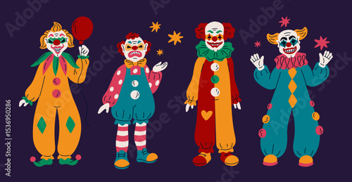 Cartoon evil clowns. Spooky horror characters standing, circus creepy makeup, halloween persones, artists in party costumes, carnival clothes, angry monster, garish vector isolated set