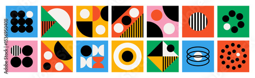 Bauhaus color shapes. Geometric abstract compositions, minimalistic forms, modern pattern design, brutalism style cards, square composition, minimalism posters, garish vector isolated set