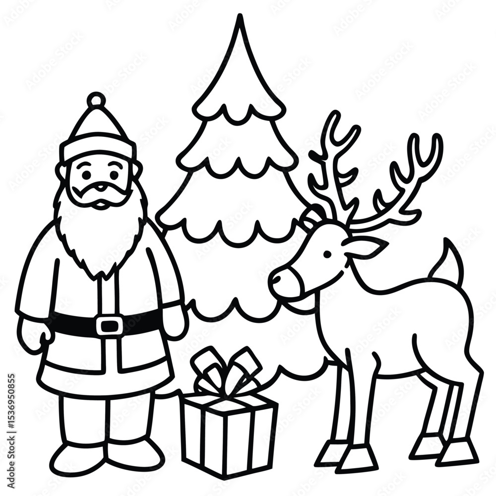 Obraz premium Christmas holiday vector illustration set with cartoon tree, gifts, Santa, and snowman icons