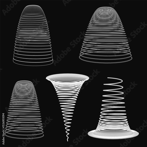 Spiral springs of varying shapes and sizes arranged neatly on a black background. The white springs contrast sharply against the dark surface, highlighting their coiled designs.