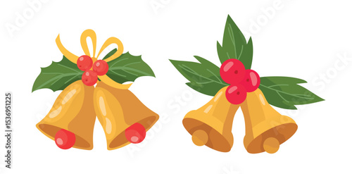 Christmas jingle bells with Ilex branches. Flat vector clipart, illustration with isolated background.