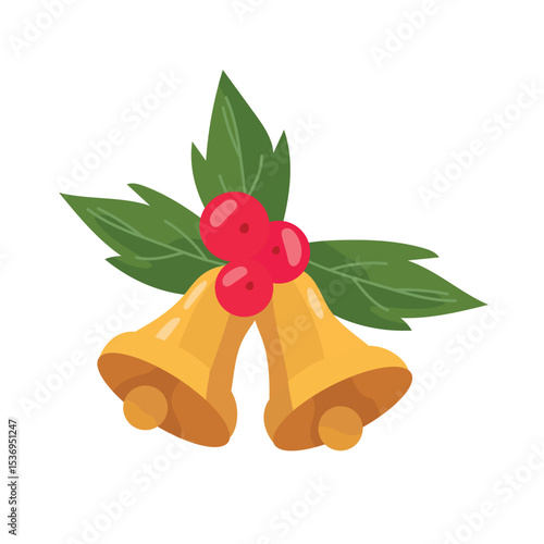 Christmas jingle bells with Ilex branches. Flat vector clipart, illustration with isolated background.