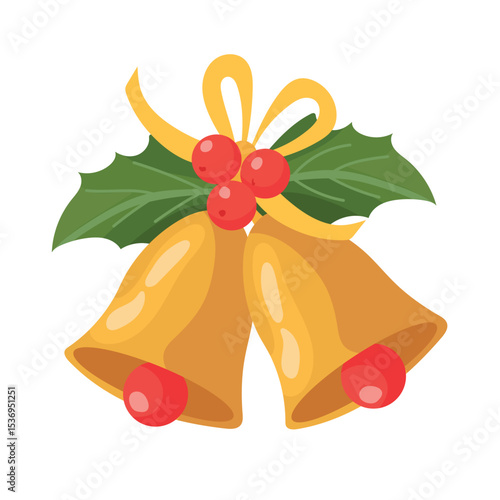 Christmas jingle bells with Ilex branches. Flat vector clipart, illustration with isolated background.