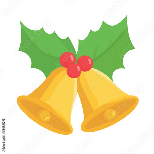 Christmas jingle bells with Ilex branches. Flat vector clipart, illustration with isolated background.