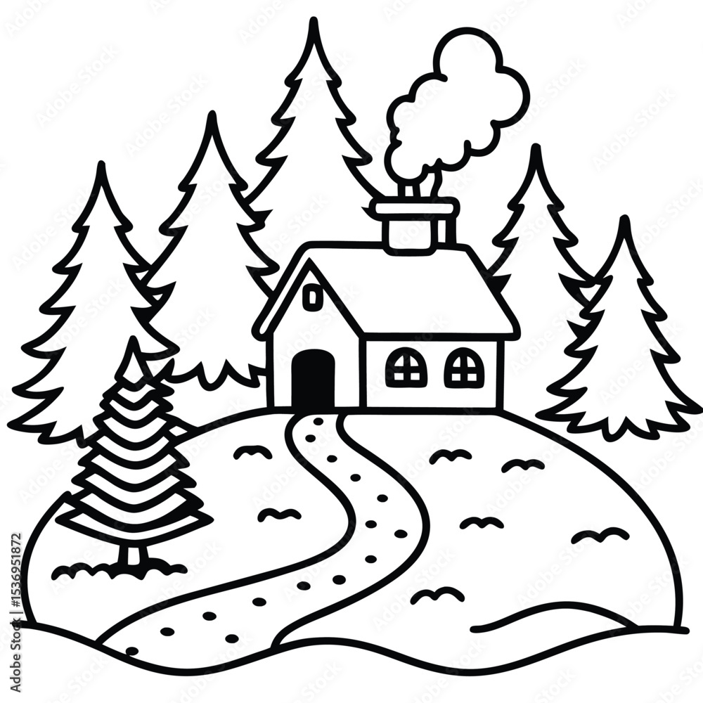 Obraz premium Winter landscape vector illustration with Christmas trees and a festive holiday scene