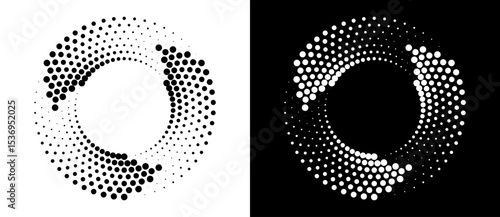 Circle abstract background with dynamic halftone dots like arrows. Black shape on a white background and the same white shape on the black side.