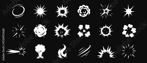 Comic energy explosion. Cartoon white explosions, fireballs and blast, impact flashes with fire flame, smoke and burst, games animation manga puff explosive effect. Boom explode vector silhouettes