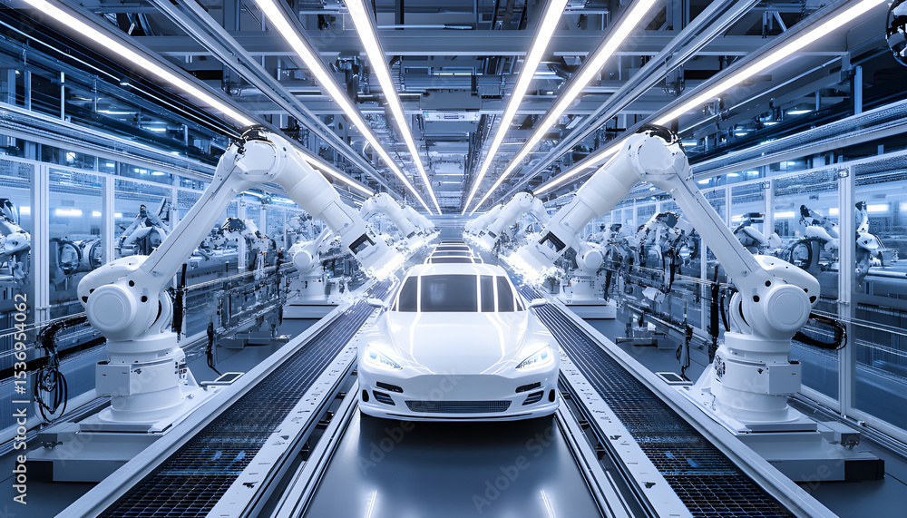 Fototapeta premium Automated car production line. Futuristic electric vehicles assembly, robotics tech. Factory automation, industrial process, engineering innovation