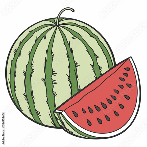 Ripe watermelon and juicy piece on a white. Isolated