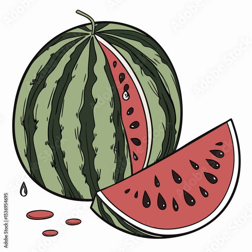 Ripe watermelon and juicy piece on a white. Isolated