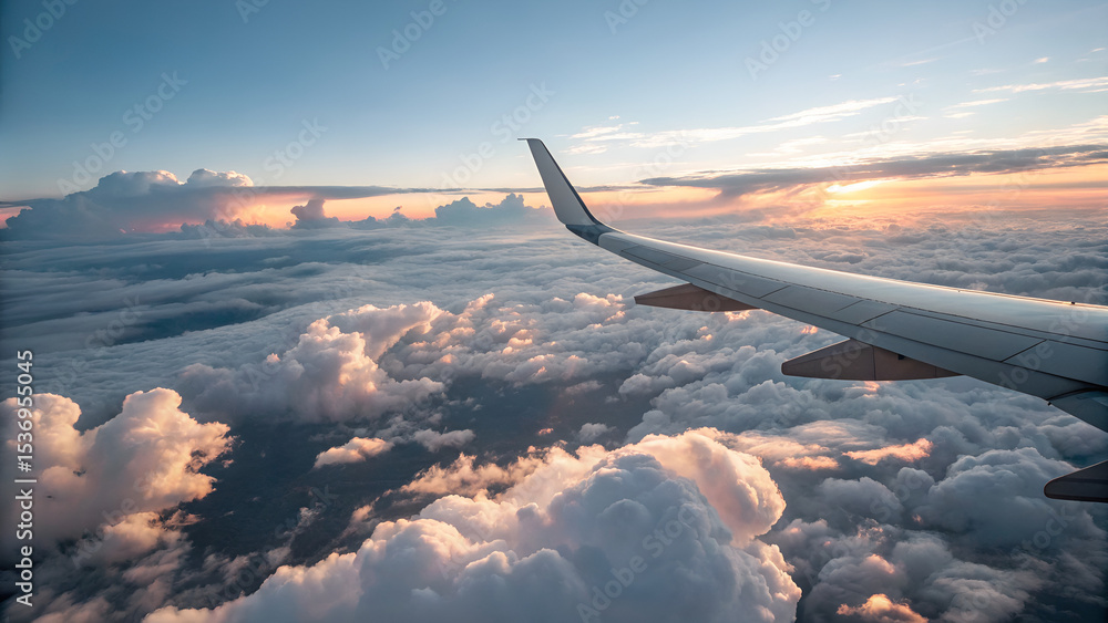 Naklejka premium Airplane Wing Over Clouds at Sunset – Stunning Aerial View from Window Seat During Golden Hour Flight