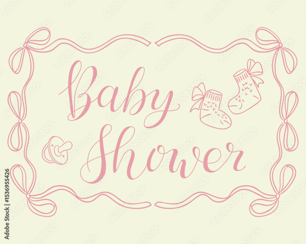 Baby shower card with pink script lettering, socks, pacifier and bows in elegant outline style. Concept symbolizes celebration, tenderness and welcoming a new baby Baby shower card with pink script lettering, socks, pacifier and bows in elegant outline style. Concept symbolizes celebration, tenderness and welcoming a new baby