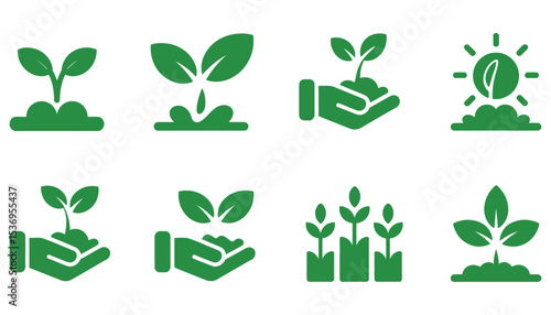 A set of vector eco icons featuring green leaf, tree, and recycle symbols for natural environment and ecology design