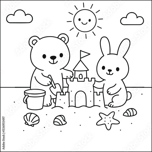 Wallpaper Mural “Bear and Bunny Building Sandcastle Coloring Page – Cute Beach Scene Printable for Kids” Torontodigital.ca