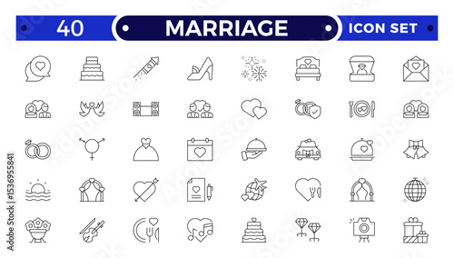 Marriage Outline Icon Set – Wedding, Love and Celebration Line Symbols. Bride, groom, lovers, wedding rings, wedding car, cake.