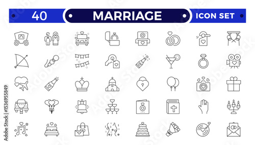 Marriage Outline Icon Set – Wedding, Love and Celebration Line Symbols. Bride, groom, lovers, wedding rings, wedding car, cake.