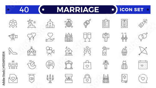 Marriage Outline Icon Set – Wedding, Love and Celebration Line Symbols. Bride, groom, lovers, wedding rings, wedding car, cake.