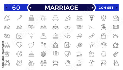 Marriage Outline Icon Set – Wedding, Love and Celebration Line Symbols. Bride, groom, lovers, wedding rings, wedding car, cake.