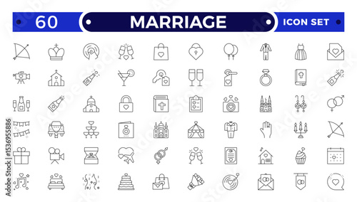 Marriage Outline Icon Set – Wedding, Love and Celebration Line Symbols. Bride, groom, lovers, wedding rings, wedding car, cake.
