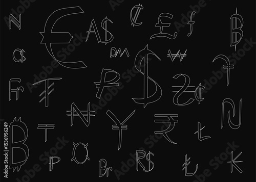 A black background displays an array of currency symbols alongside the letters A through L, representing global financial concepts. The minimalist design highlights monetary diversity with clean.
