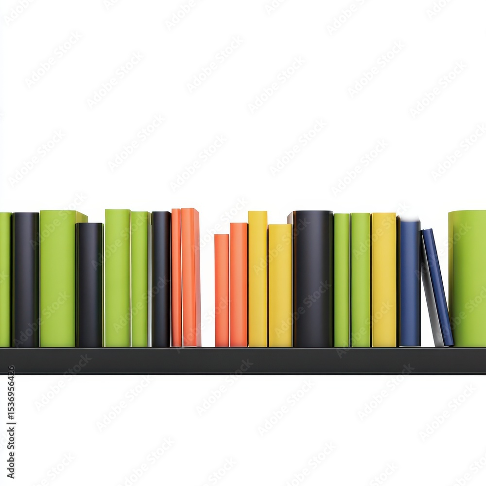 Colorful books on a modern black shelf isolated on white background Colorful books on a modern black shelf isolated on white background