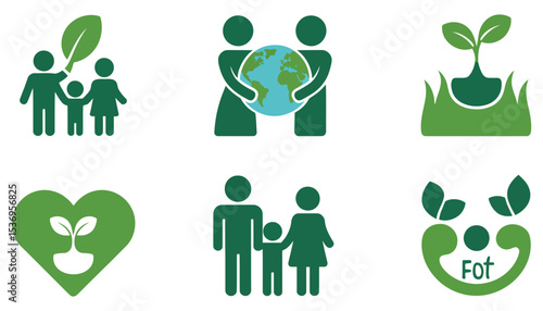 Green family and eco-friendly icons symbolize people, love, and teamwork for a sustainable home environment