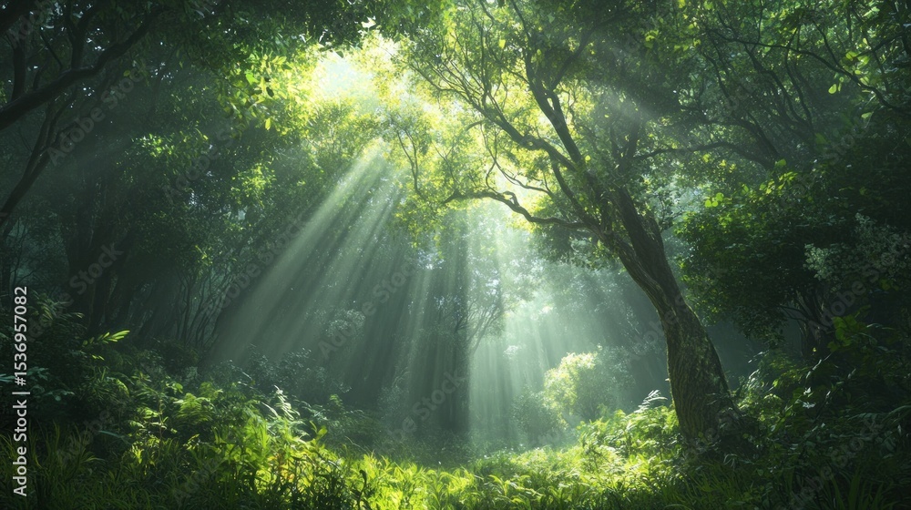 Fototapeta premium Sunlight streams into a dense forest