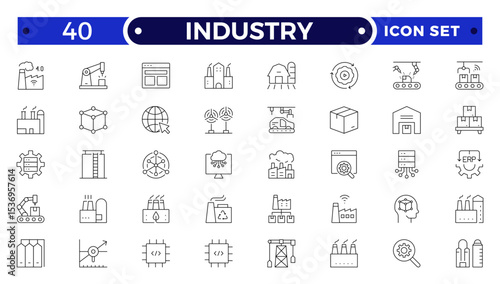 Industry Outline icon. Technology, finance, healthcare, automotive, energy, retail, construction, hospitality, tourism, education, Oil, gas, refinery, petroleum, lubricant, agriculture.