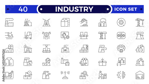 Industry Outline icon. Technology, finance, healthcare, automotive, energy, retail, construction, hospitality, tourism, education, Oil, gas, refinery, petroleum, lubricant, agriculture.