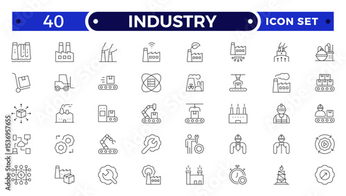 Industry Outline icon. Technology, finance, healthcare, automotive, energy, retail, construction, hospitality, tourism, education, Oil, gas, refinery, petroleum, lubricant, agriculture.