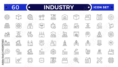 Industry Outline icon. Technology, finance, healthcare, automotive, energy, retail, construction, hospitality, tourism, education, Oil, gas, refinery, petroleum, lubricant, agriculture.