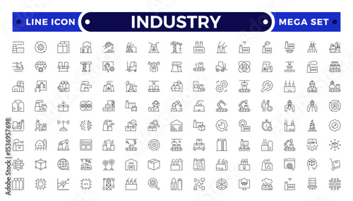 Industry Outline icon. Technology, finance, healthcare, automotive, energy, retail, construction, hospitality, tourism, education, Oil, gas, refinery, petroleum, lubricant, agriculture.