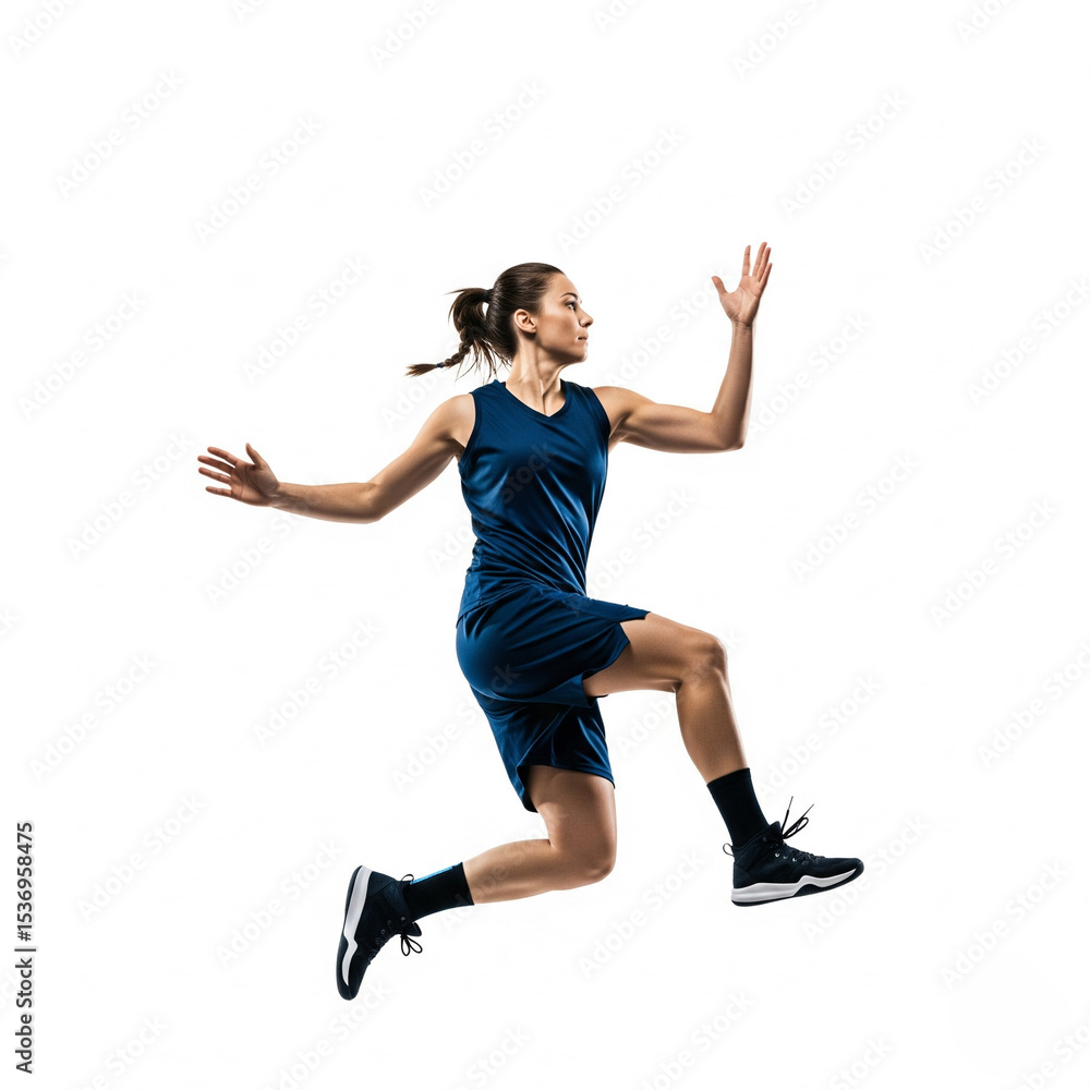 Obraz premium Athletic Woman in Action Basketball Player Jumps on White Background 