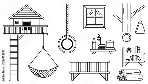 Vintage hand-drawn house sketch vector illustration set with construction tools and musical symbols