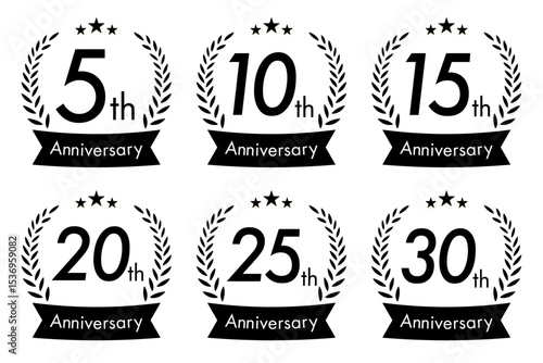周年・10周年・15周年・20周年・25周年・30周年のアニバーサリーロゴ(anniversarry logo エンブレム 月桂樹 お祝い ベクター 編集可能 シンプル モノクロ 白黒)