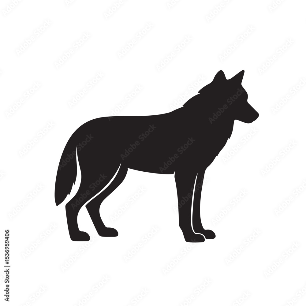 Silhouette of Standing Wolf in Side View on White Background Silhouette of Standing Wolf in Side View on White Background