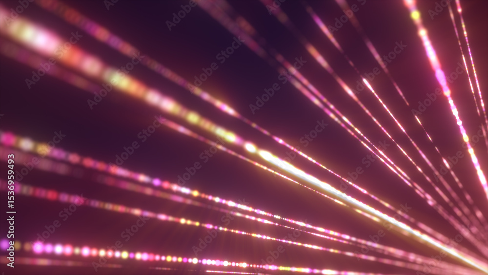 Obraz premium Radiant lines of colorful light stretch into the distance on a dark background, creating a dynamic abstract motion effect