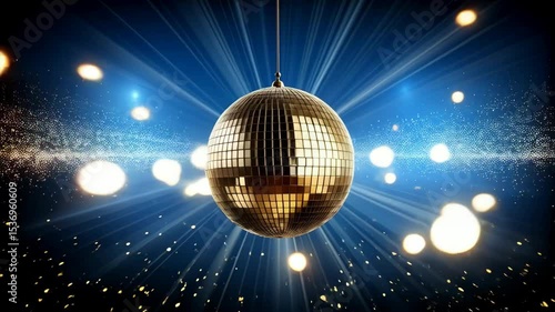 Suspended gold disco ball reflecting bright light rays and floating particles on a blue background, creating a retro club atmosphere.