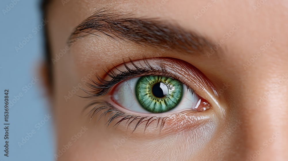 Obraz premium Woman's eye is green and has a black pupil. The eye is surrounded by eyelashes and the lashes are long