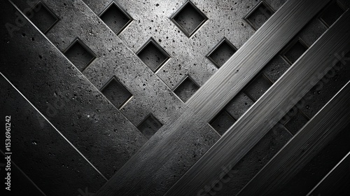 Laser-cut steel plate background with geometric negative space in gunmetal grey, industrial American design for tech brochure.