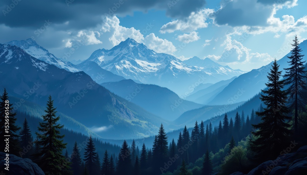 Fototapeta premium Breathtaking mountain range panorama with majestic pine trees and lush green slopes