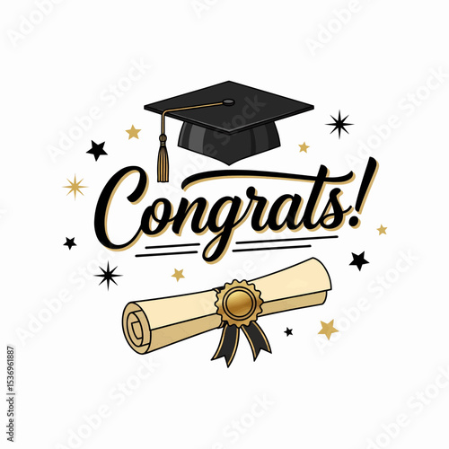 This high-quality image features "Congrats!" in stylized black and gold cursive, a matching graduation cap and diploma, and scattered stars/bursts, all with fine details and suitable for vector use.