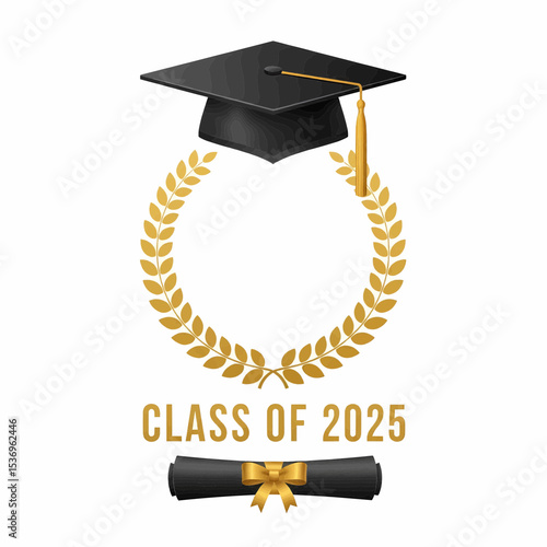 This high-quality image features a black graduation cap with a gold tassel, a gold laurel wreath, "CLASS OF 2025" text, and a rolled diploma, all with fine details and suitable for vector use.