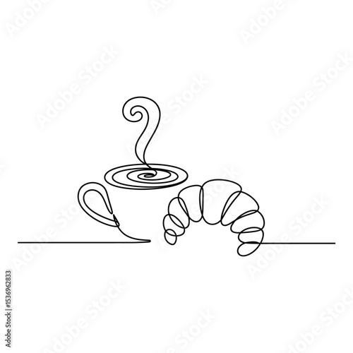 Coffee cup and croissant isolated on white background in line art