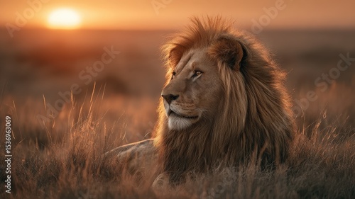 Majestic lion with a flowing mane in a golden savanna sunset, powerful gaze