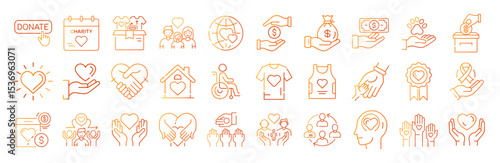 Charity donation support volunteer community help love vector line icons